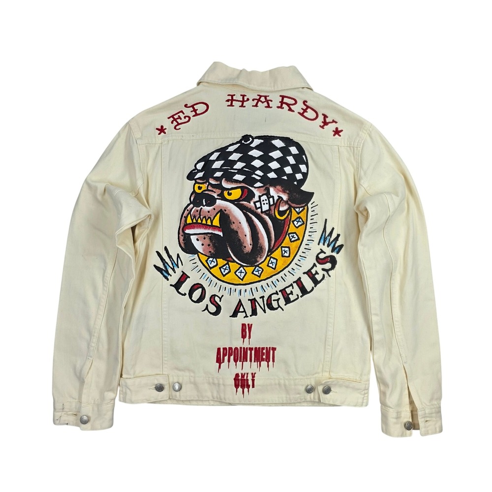 Ed Hardy LA Dog Trucker Jacket Ecru Denim Bulldog Graphic Mens Medium 805016